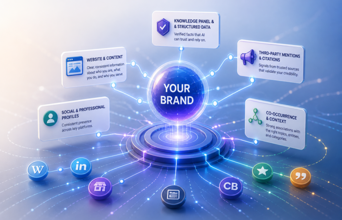 What Is Entity SEO—And Why It's the Foundation of Every GEO Strategy 6 Illustration of a central brand node connected to website content, structured data, social profiles, and third-party mentions representing entity SEO and AI understanding