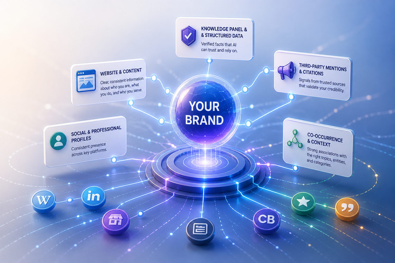 Illustration of a central brand node connected to website content, structured data, social profiles, and third-party mentions representing entity SEO and AI understanding