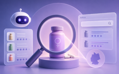 3D illustration of an AI assistant analyzing women's health supplement products, with a magnifying glass highlighting a supplement bottle and recommendation panels in the background.
