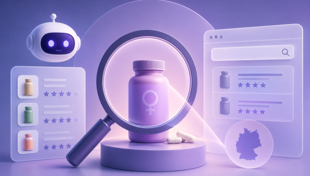 3D illustration of an AI assistant analyzing women's health supplement products, with a magnifying glass highlighting a supplement bottle and recommendation panels in the background.