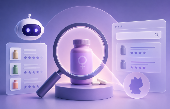 SEO & GEO Mini Audit for AI Visibility: Fembites Is Recognized But Not Recommended By AI 3 3D illustration of an AI assistant analyzing women's health supplement products, with a magnifying glass highlighting a supplement bottle and recommendation panels in the background.