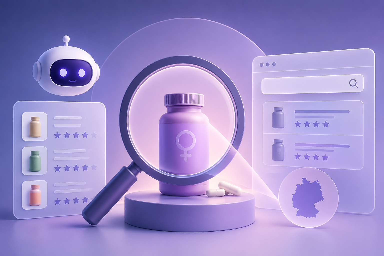 3D illustration of an AI assistant analyzing women's health supplement products, with a magnifying glass highlighting a supplement bottle and recommendation panels in the background.