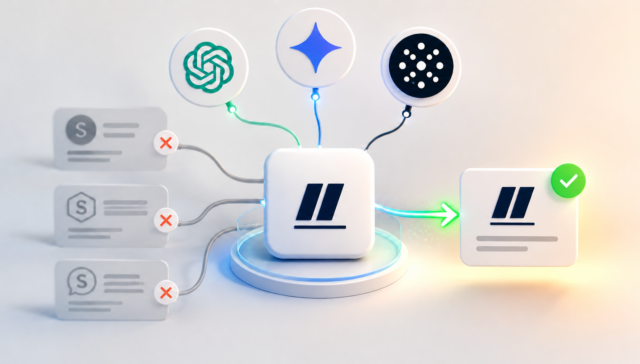 3D illustration showing AI platforms connecting to and validating the correct brand entity while filtering out similar entities, representing AI visibility and entity recognition.
