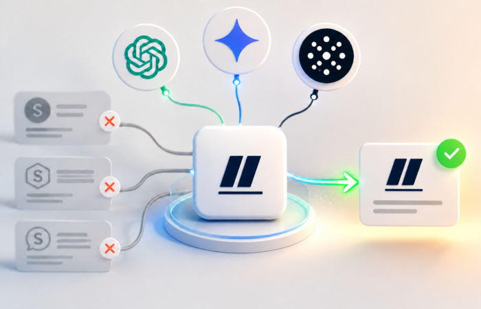 SEO & GEO Mini Audit: Stride Scored 72 for AI Readiness but Just 36 for AI Visibility. Here's Why. 4 3D illustration showing AI platforms connecting to and validating the correct brand entity while filtering out similar entities, representing AI visibility and entity recognition.