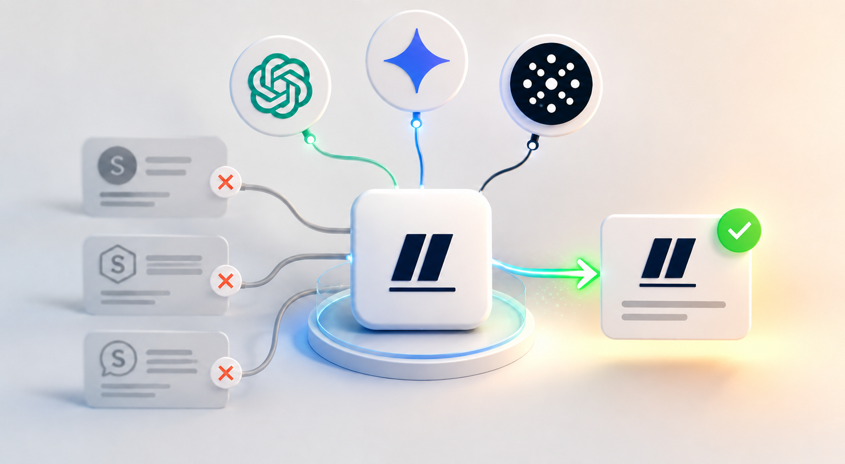 3D illustration showing AI platforms connecting to and validating the correct brand entity while filtering out similar entities, representing AI visibility and entity recognition.