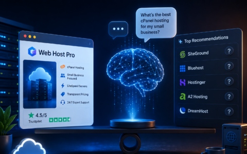 3D illustration of an AI system evaluating web hosting providers, showing Web Host Pro's recognized strengths alongside a recommendation panel featuring competing hosting brands.