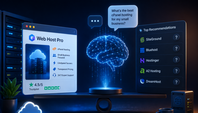 3D illustration of an AI system evaluating web hosting providers, showing Web Host Pro's recognized strengths alongside a recommendation panel featuring competing hosting brands.