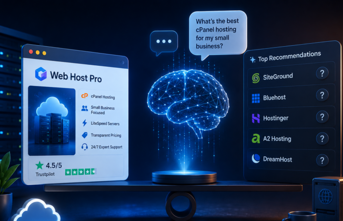 SEO & GEO Mini Audit for AI Visibility: AI Knows Web Host Pro's Strengths—But Recommends Competitors Instead 2 3D illustration of an AI system evaluating web hosting providers, showing Web Host Pro's recognized strengths alongside a recommendation panel featuring competing hosting brands.