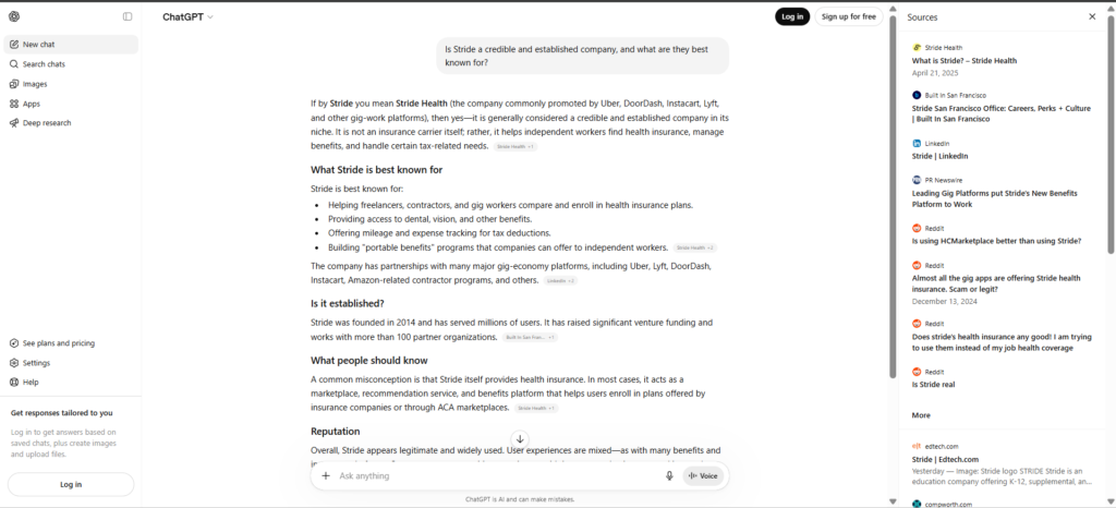 Screenshot of ChatGPT identifying a different company named Stride instead of stride.page when no descriptive qualifier is included in the prompt.