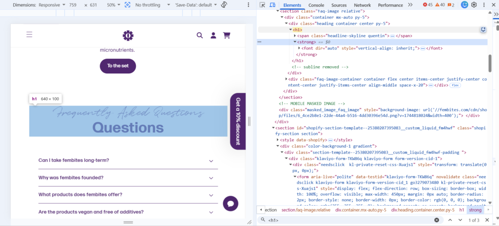 Screenshot of homepage source code showing the primary H1 heading assigned to the FAQ section instead of the main brand proposition.