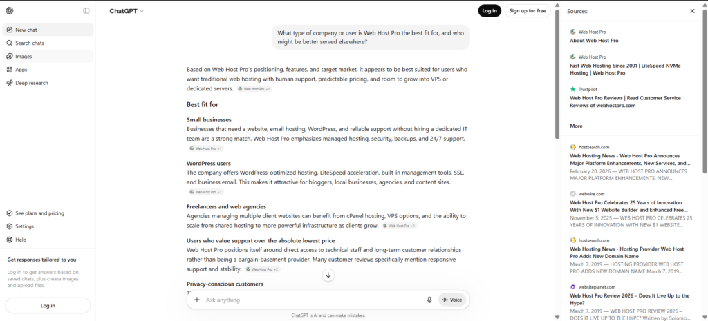 Screenshot of ChatGPT responding to a prompt about who Web Host Pro is best suited for, providing a detailed assessment of the brand's strengths, target audience, and competitive positioning.
