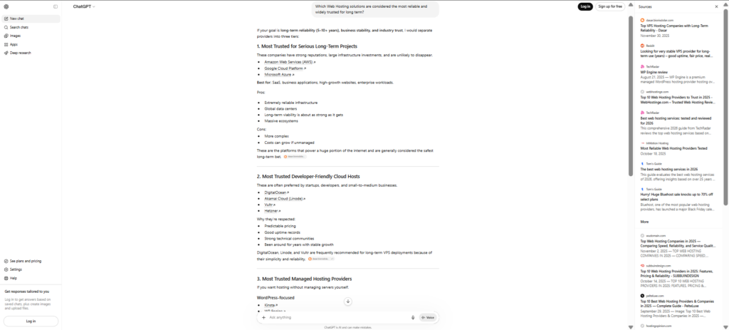 Screenshot of ChatGPT's recommendations for long-term web hosting providers, listing several established brands while excluding Web Host Pro from the suggested options.