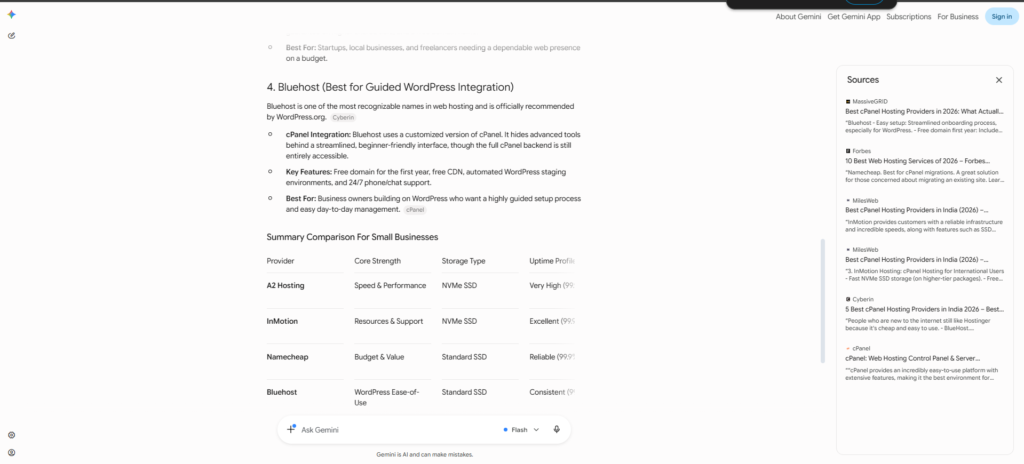 Screenshot of Gemini's recommendations for cPanel hosting solutions for small businesses, showing competitor hosting brands but not Web Host Pro.