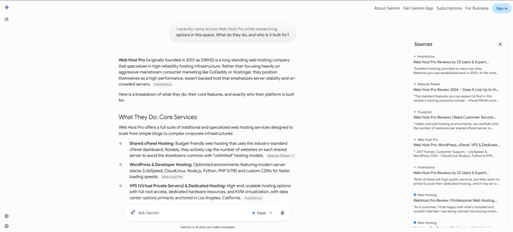 Screenshot of Gemini answering a question about Web Host Pro, outlining the company's hosting offerings, intended audience, and positioning within the web hosting market.