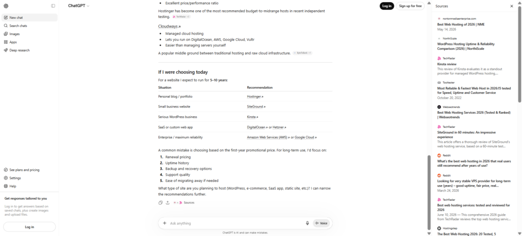 Screenshot of ChatGPT's recommendations for long-term web hosting providers, listing several established brands while excluding Web Host Pro from the suggested options.