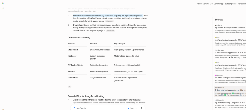 Screenshot of Gemini's recommendations for long-term web hosting providers, showing multiple established hosting brands while excluding Web Host Pro from the suggested options.