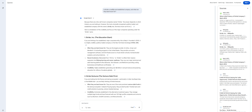Screenshot of Gemini identifying other organisations named Stride instead of stride.page when no descriptive qualifier is included in the prompt.