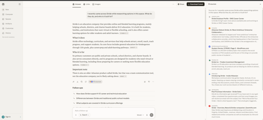 Screenshot of Perplexity identifying a different company named Stride instead of stride.page when no descriptive qualifier is included in the prompt.