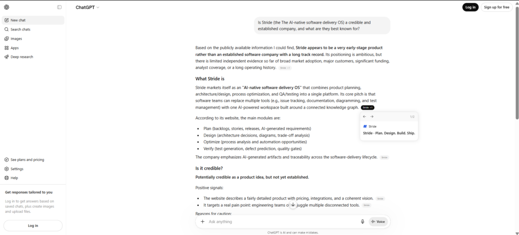 Screenshot of ChatGPT accurately identifying Stride as an AI-native software delivery operating system after the prompt includes the descriptor "The AI-native software delivery OS."