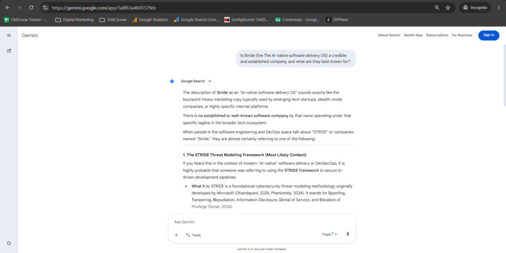Screenshot of Gemini accurately identifying Stride as an AI-native software delivery operating system after the prompt includes the descriptor "The AI-native software delivery OS."