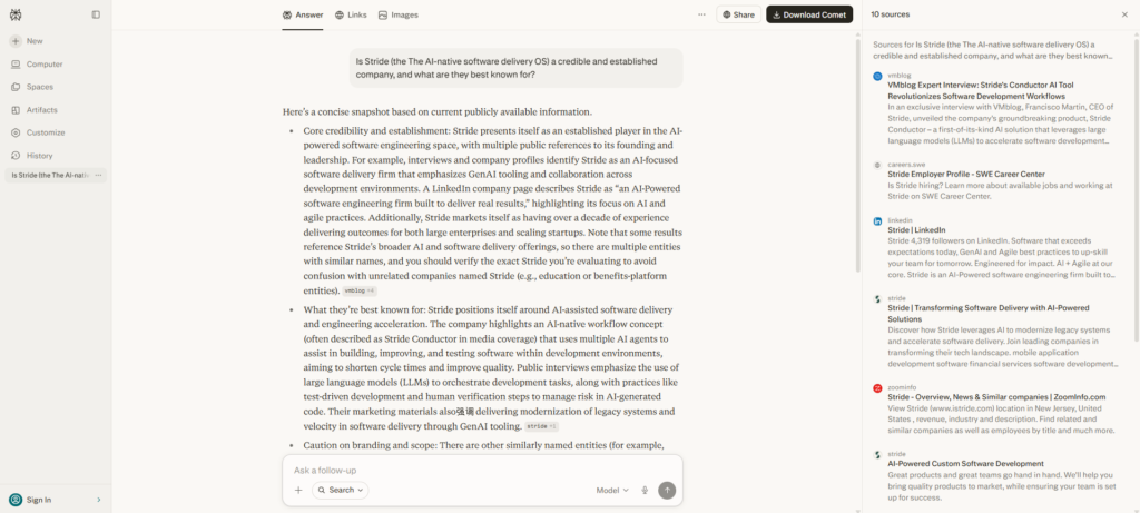 Screenshot of Perplexity failing to identify stride.page and instead describing another company named Stride, even after a descriptive qualifier was added to the prompt.