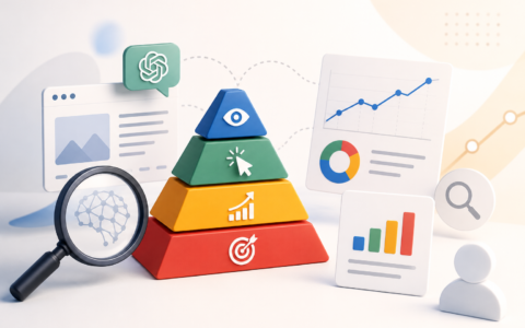 Illustration of a four-tier pyramid representing the AI search attribution framework—visibility, referrals, influenced demand, and pipeline, surrounded by analytics charts, a ChatGPT icon, and a magnifying glass over an AI brain.