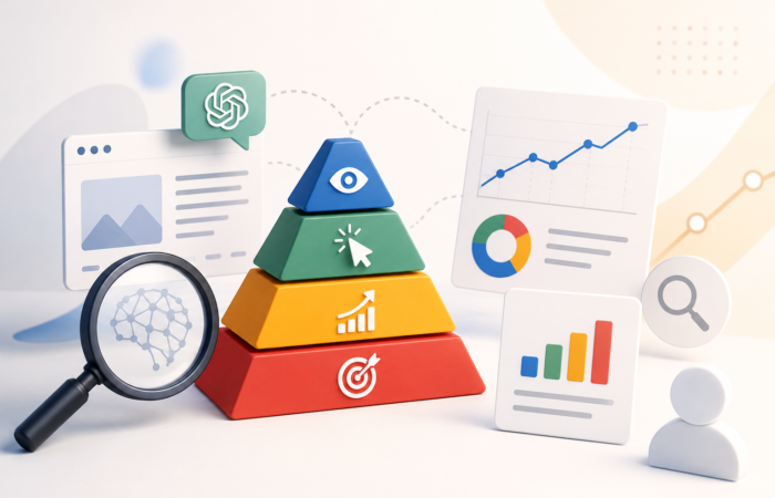 Illustration of a four-tier pyramid representing the AI search attribution framework—visibility, referrals, influenced demand, and pipeline, surrounded by analytics charts, a ChatGPT icon, and a magnifying glass over an AI brain.