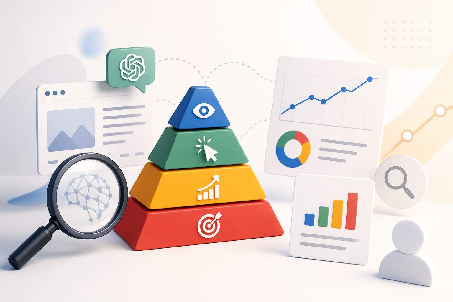 Illustration of a four-tier pyramid representing the AI search attribution framework—visibility, referrals, influenced demand, and pipeline, surrounded by analytics charts, a ChatGPT icon, and a magnifying glass over an AI brain.