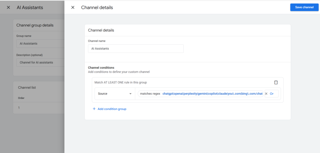 AI Search Attribution: A Practical 4-Layer Framework for Measuring AI Traffic 3 Screenshot of GA4 custom channel group configuration with the AI referrer regex