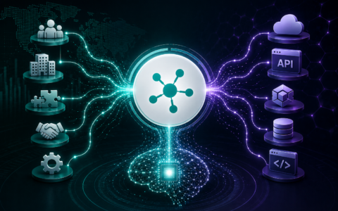 Abstract AI and enterprise integration illustration showing two streams of business and API signals converging into an AI network, representing conflicting brand positioning in AI search.