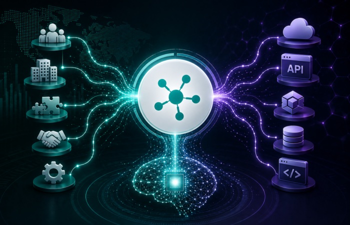 SEO & GEO Mini AI Visibility Audit: Torry Harris Is Recognized by AI—But Its Positioning Confuses AI 1 Abstract AI and enterprise integration illustration showing two streams of business and API signals converging into an AI network, representing conflicting brand positioning in AI search.