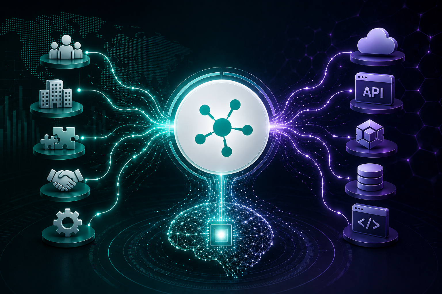 Abstract AI and enterprise integration illustration showing two streams of business and API signals converging into an AI network, representing conflicting brand positioning in AI search.