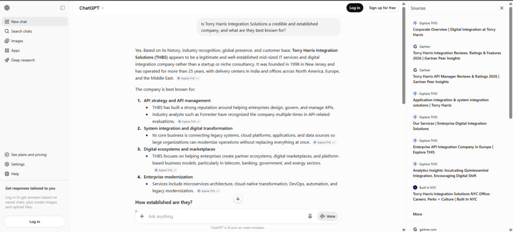 SEO & GEO Mini AI Visibility Audit: Torry Harris Is Recognized by AI—But Its Positioning Confuses AI 1 Screenshot of ChatGPT identifying Torry Harris Integration Solutions using the legacy THBS (Torry Harris Business Solutions) name while describing the company's API management, system integration, and digital transformation capabilities.