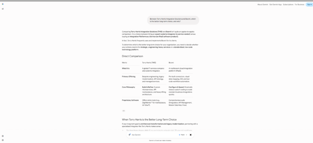 SEO & GEO Mini AI Visibility Audit: Torry Harris Is Recognized by AI—But Its Positioning Confuses AI 9 Screenshot of Gemini stating that Torry Harris Integration Solutions and Boomi are not an exact apple-to-apple comparison because one is a systems integration firm and the other an integration platform, before presenting a detailed side-by-side comparison.