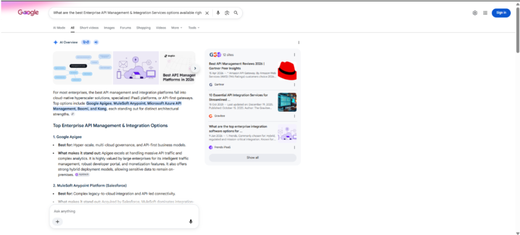 SEO & GEO Mini AI Visibility Audit: Torry Harris Is Recognized by AI—But Its Positioning Confuses AI 15 Screenshot of Google's AI Overview listing enterprise API management and integration platforms such as Google Apigee, MuleSoft, Microsoft Azure API Management, Boomi, and Kong, without mentioning Torry Harris Integration Solutions.