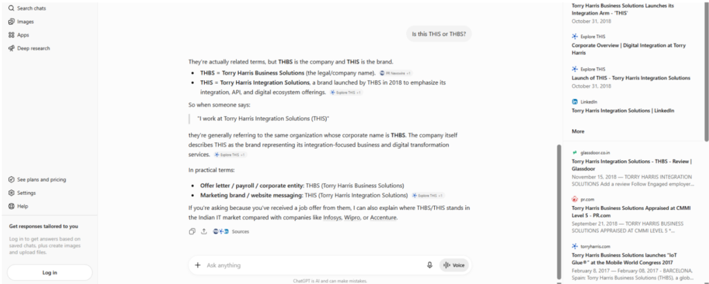 SEO & GEO Mini AI Visibility Audit: Torry Harris Is Recognized by AI—But Its Positioning Confuses AI 2 Screenshot of ChatGPT explaining that THBS is the corporate entity and THIS is the integration-focused brand of Torry Harris, clarifying the relationship between the two identities.