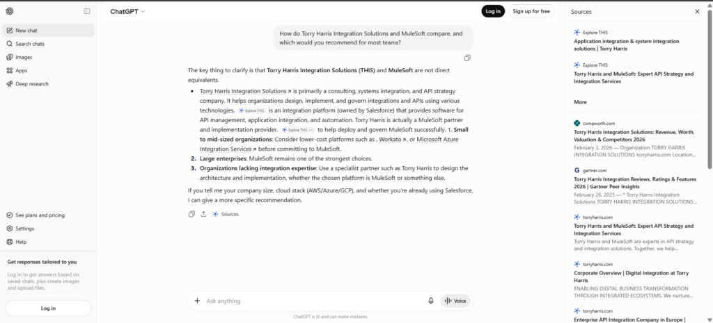 SEO & GEO Mini AI Visibility Audit: Torry Harris Is Recognized by AI—But Its Positioning Confuses AI 5 Screenshot of ChatGPT explaining that Torry Harris Integration Solutions and MuleSoft are not direct equivalents, describing Torry Harris as a systems integration partner and MuleSoft as an API integration platform.