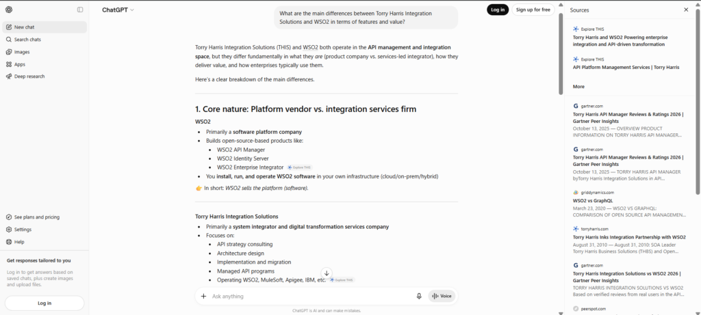 SEO & GEO Mini AI Visibility Audit: Torry Harris Is Recognized by AI—But Its Positioning Confuses AI 6 Screenshot of ChatGPT comparing Torry Harris Integration Solutions and WSO2, highlighting the distinction between a systems integration services firm and a software platform vendor.
