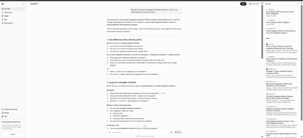SEO & GEO Mini AI Visibility Audit: Torry Harris Is Recognized by AI—But Its Positioning Confuses AI 7 Screenshot of ChatGPT comparing Torry Harris Integration Solutions and Boomi, explaining the differences between an integration services firm and an integration platform while providing a side-by-side evaluation.