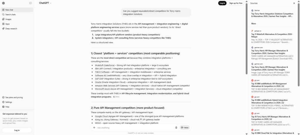 SEO & GEO Mini AI Visibility Audit: Torry Harris Is Recognized by AI—But Its Positioning Confuses AI 10 Screenshot of ChatGPT listing direct competitors for Torry Harris Integration Solutions, including MuleSoft, IBM, SAP, Oracle, AWS, Microsoft Azure, Google Apigee, Kong, and WSO2, illustrating a shift in AI positioning across prompts.
