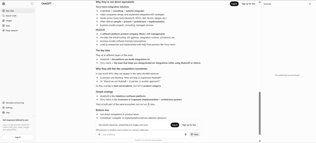 SEO & GEO Mini AI Visibility Audit: Torry Harris Is Recognized by AI—But Its Positioning Confuses AI 11 Screenshot of ChatGPT explaining that enterprise API platform vendors and systems integration firms can compete in different customer scenarios, justifying why companies previously treated as different business types are also listed as competitors.